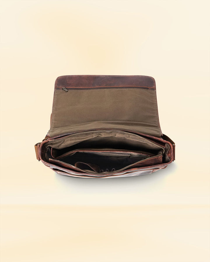 Our leather satchel messenger bag in a professional setting, ideal for the American business professional or student