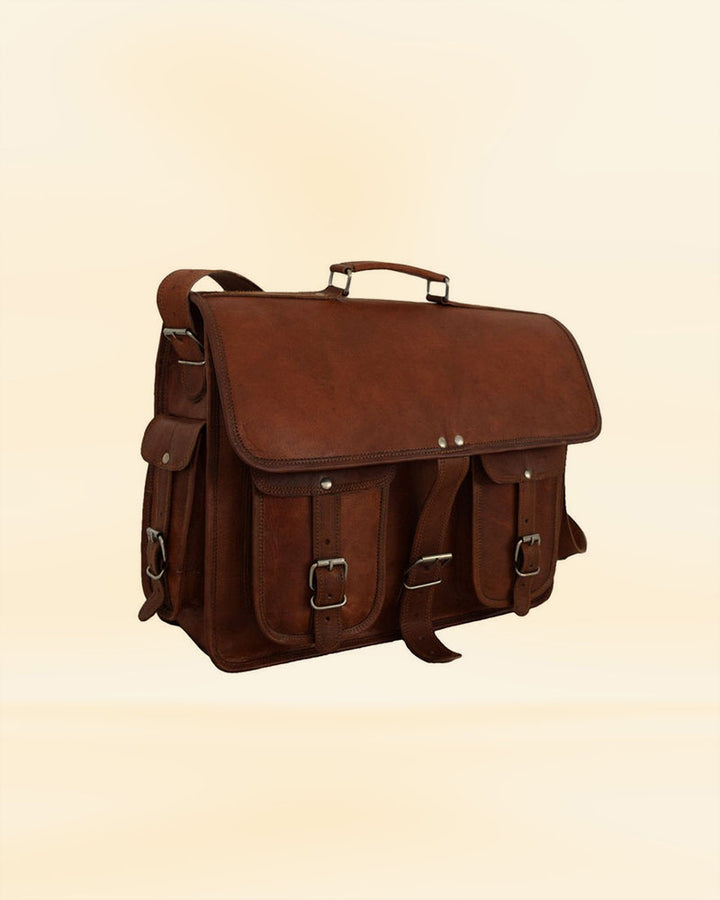 The multiple pockets and compartments of our leather messenger backpack, perfect for the American market