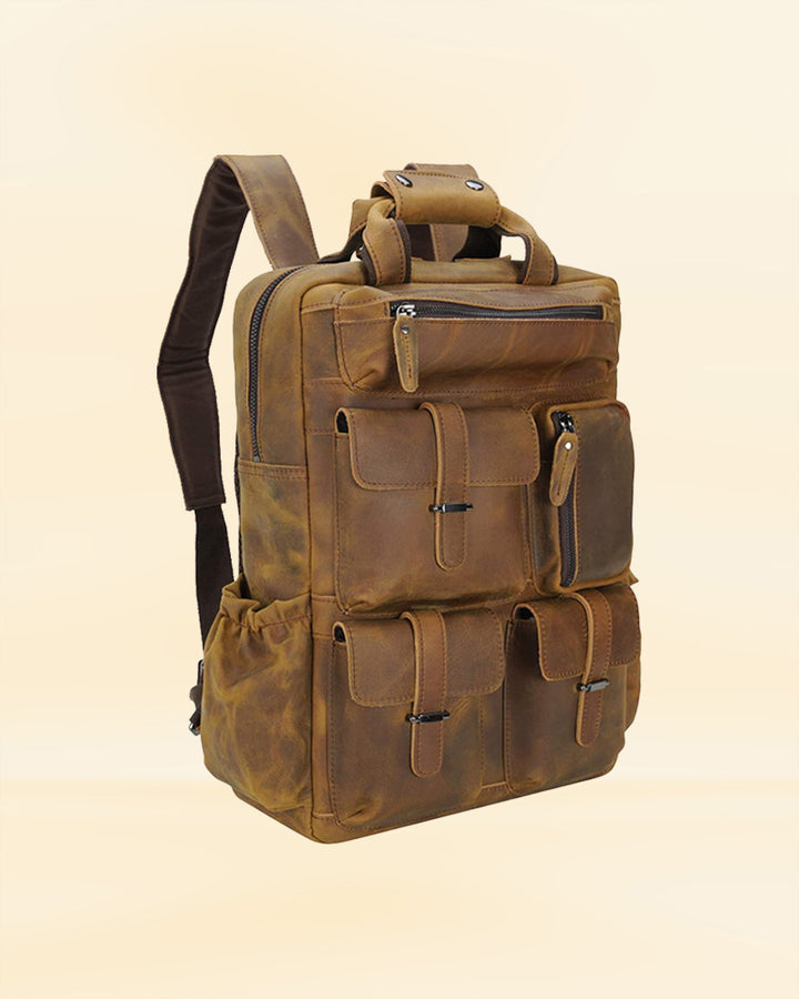 Our leather multi pocket daypack in a outdoor setting, ideal for the American consumer looking for a versatile and functional bag