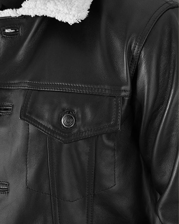 "Fashionable and functional faux fur Sherpa leather jacket for cold weather in USA"