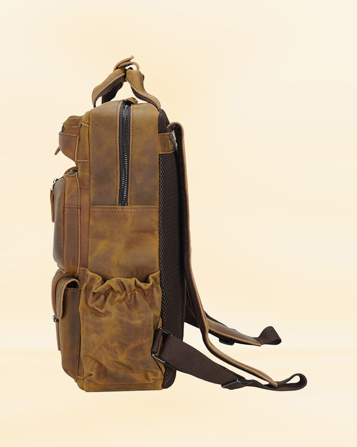 The interior of our leather multi pocket daypack, designed to keep your items organized and secure for the American market