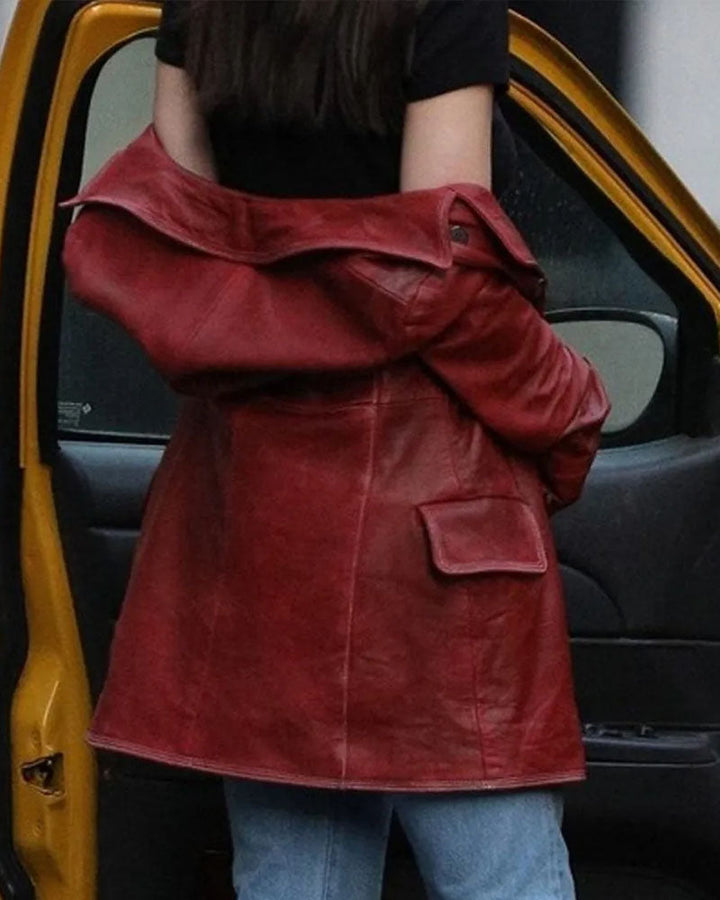 Upgrade your outerwear collection with this chic and elegant Madame leather coat inspired by Dakota Johnson in United state market
