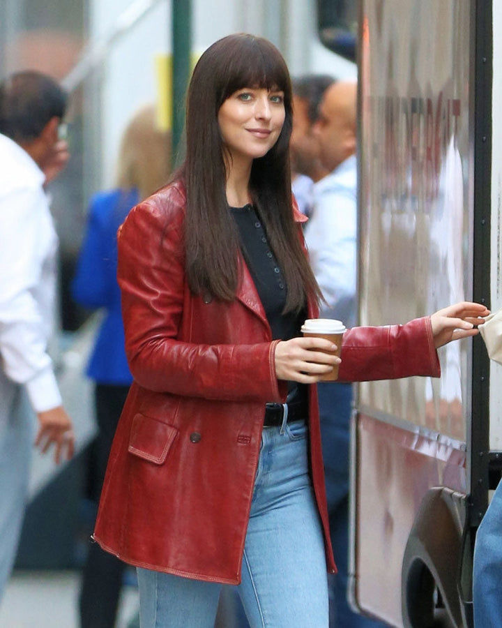 Experience the ultimate luxury with this exquisite Madame leather coat inspired by Dakota Johnson in UK 