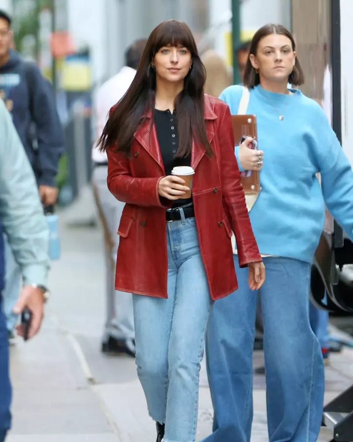 Add a touch of Hollywood glamour to your wardrobe with the Madame leather coat worn by Dakota Johnson in US market
