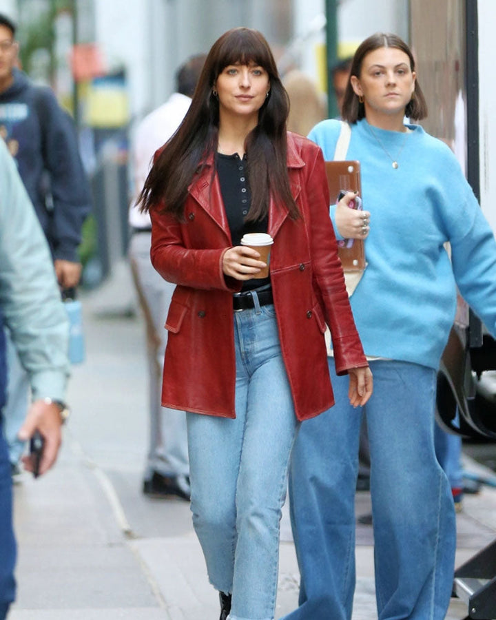 Get the celebrity look with this fashionable and versatile Madame leather coat as seen on Dakota Johnson in France style