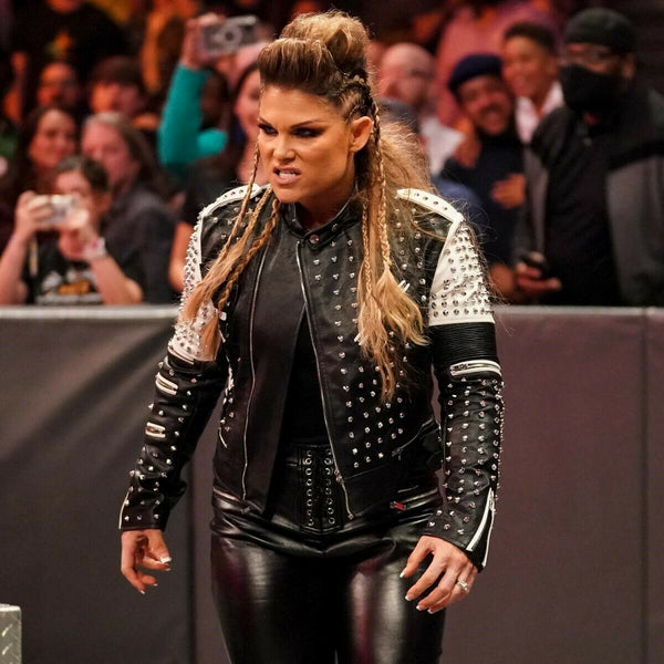 Buy AWE Studded Leather Jacket Worn By Beth Phoenix | Beth Phoenix AWE Studded Leather Jacket