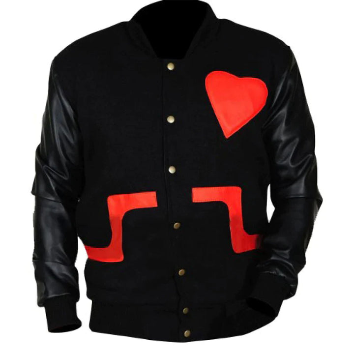 Rihanna making a bold statement in a red heart leather jacket in USA market