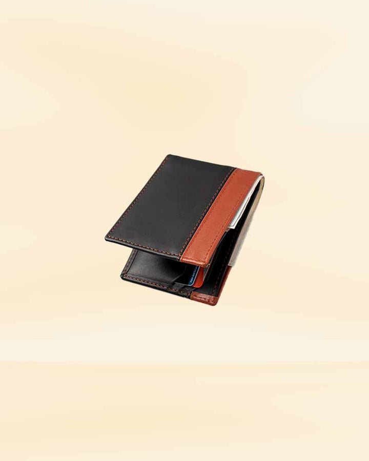 leather wallet in black and tan color in American market
