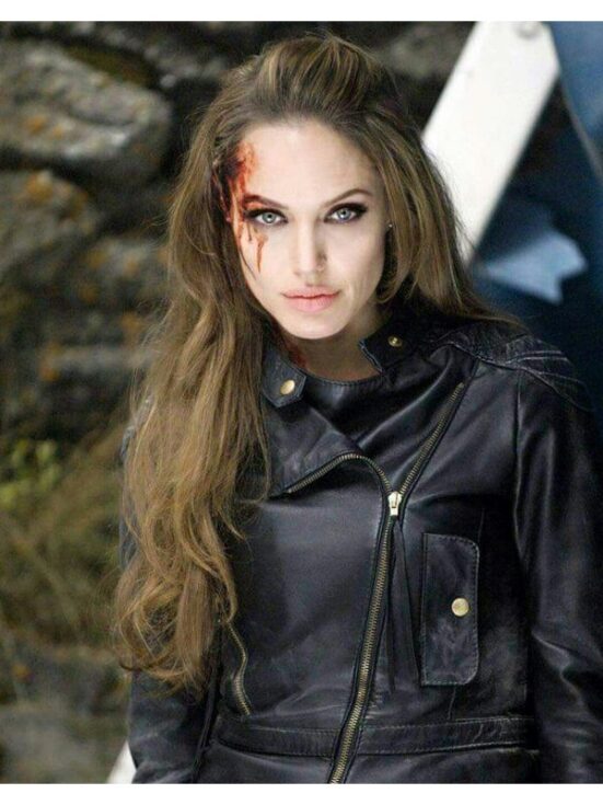 Women's celebrity leather jacket by Angelina Jolie in American style