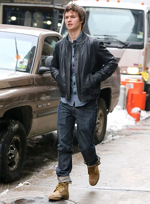 Ansel Elgort's stylish black leather jacket in USA market