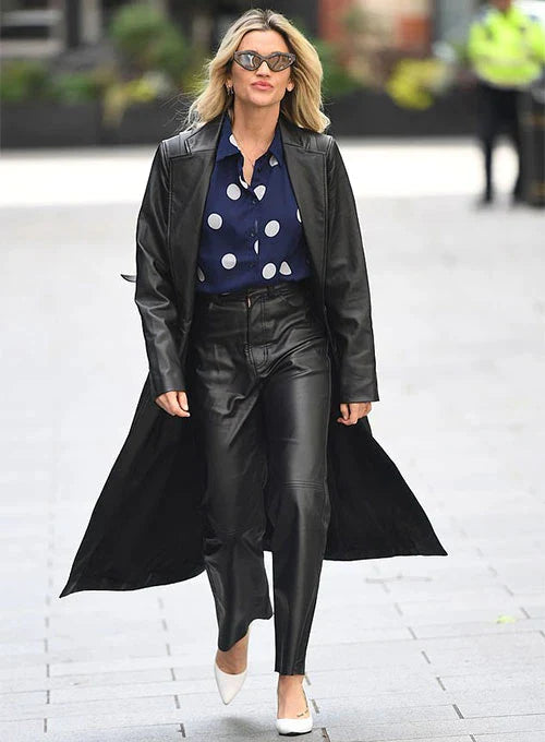Buy Stylish Black Leather Long Coat Worn by Ashley Roberts