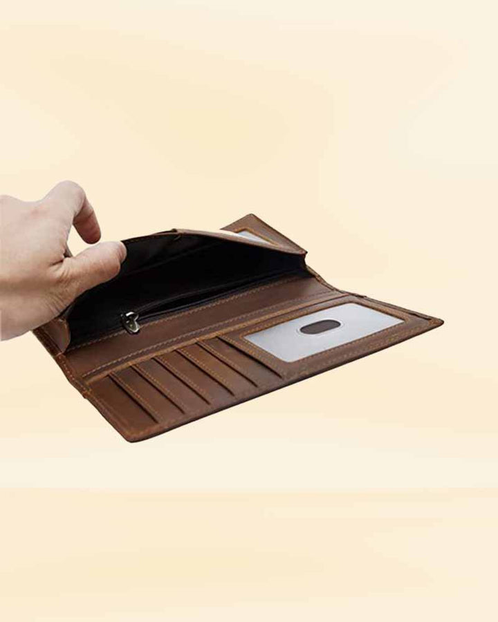 A vintage and stylish leather long wallet, perfect for the American market
