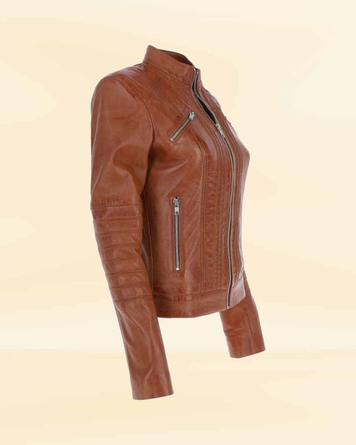 Durable ladies leather biker jacket in tan built for speed and style