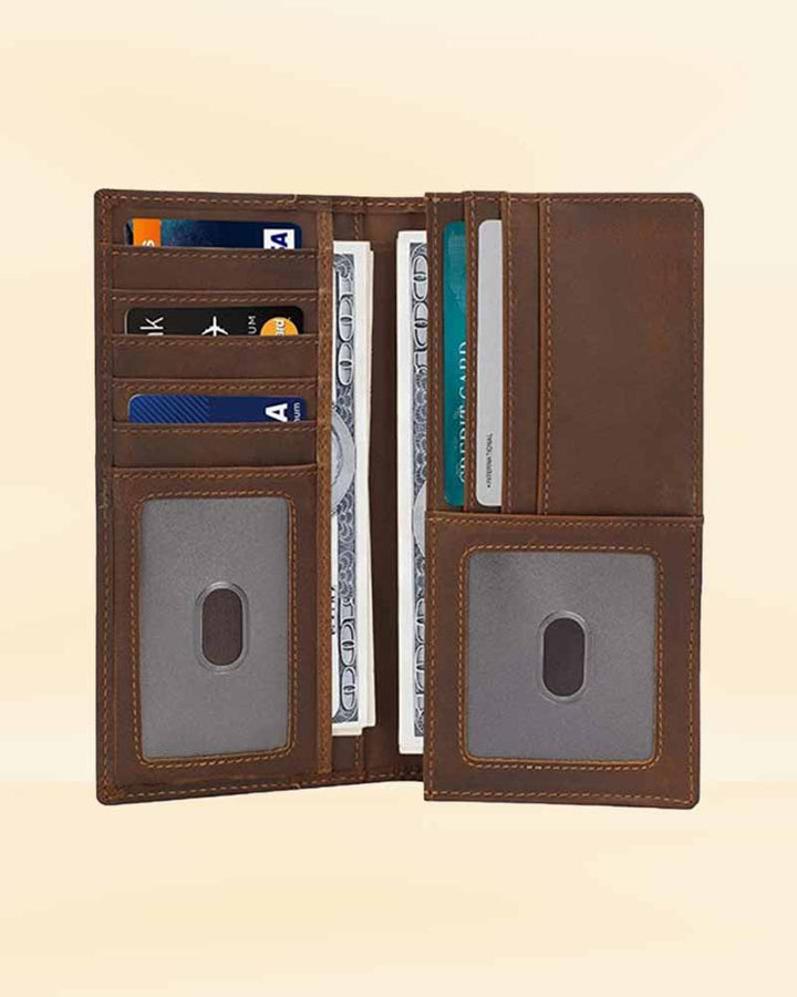 The interior of our vintage leather long wallet, designed to keep your items organized and secure for the American market