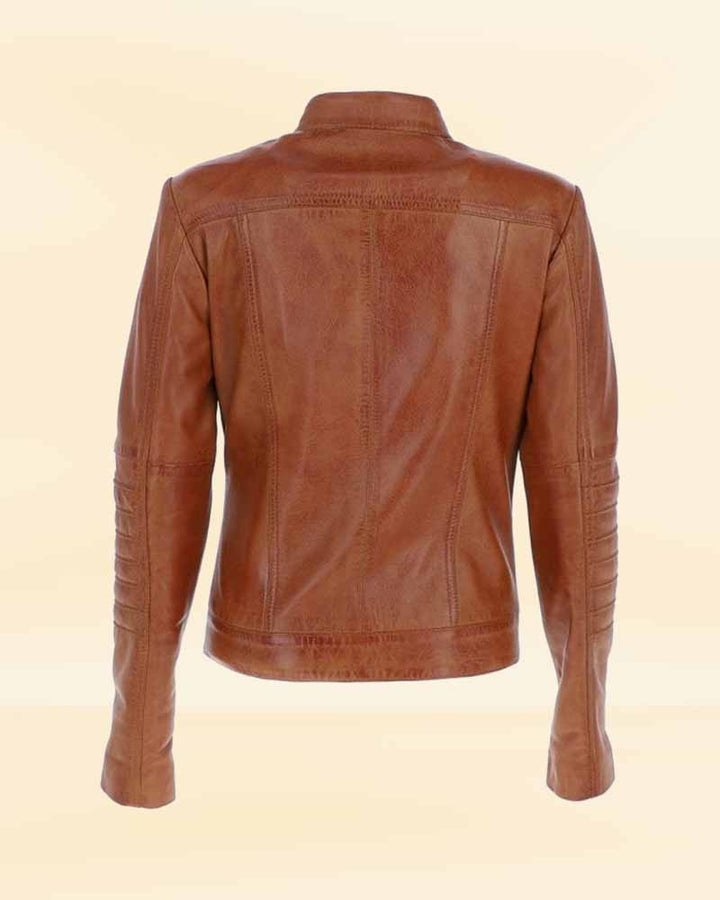 Elegant ladies leather biker jacket in tan for a sleek look