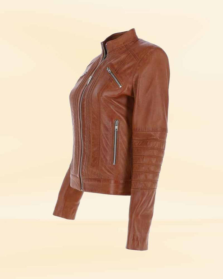 Classic ladies leather biker jacket in tan for timeless style