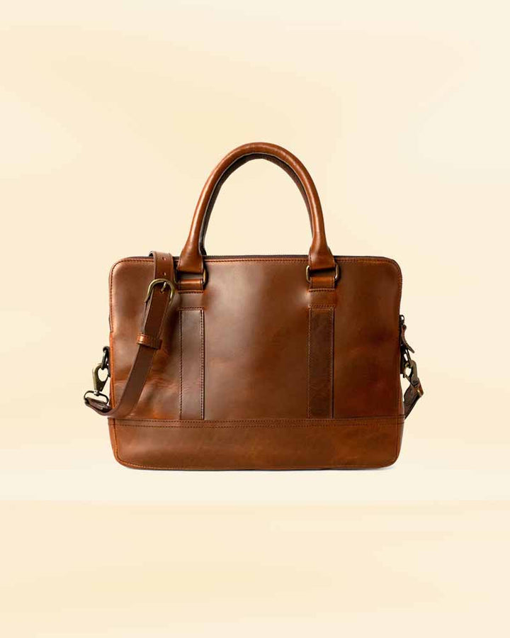 A front and back view of our leather attache, showing its functionality and design for the American market
