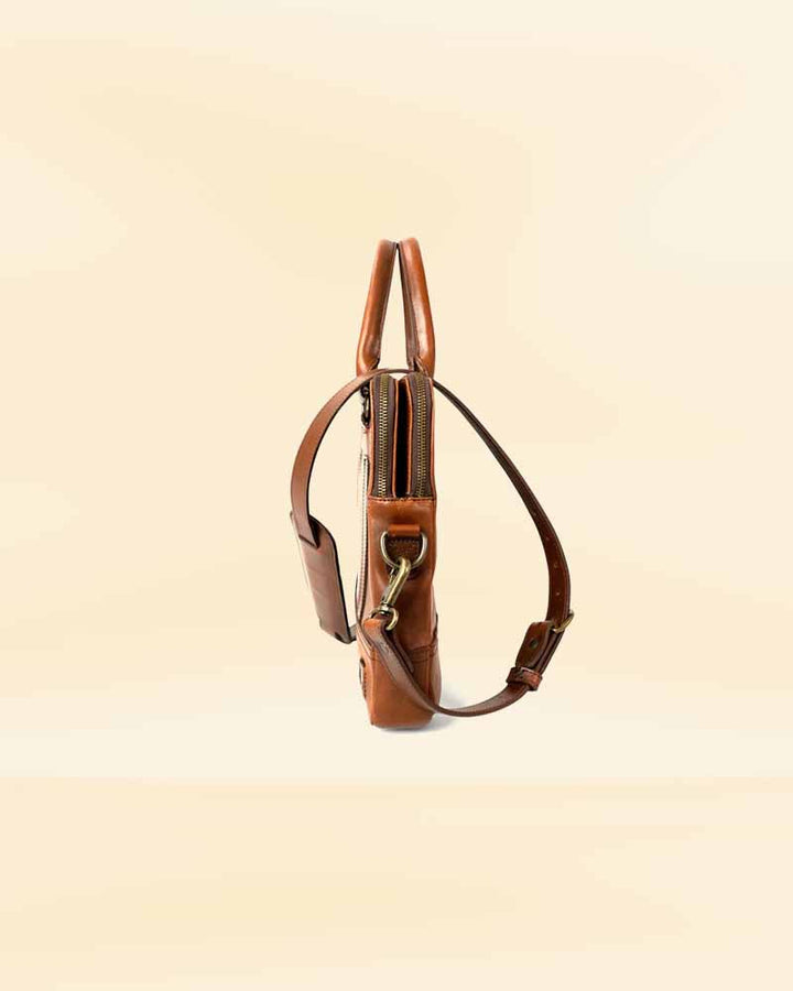 The multiple pockets and compartments of our leather attache, perfect for the American market