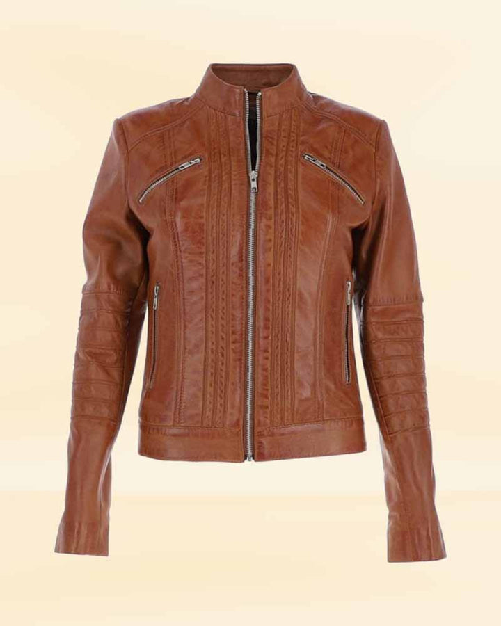 Sophisticated ladies leather biker jacket in tan for the fashion-forward woman