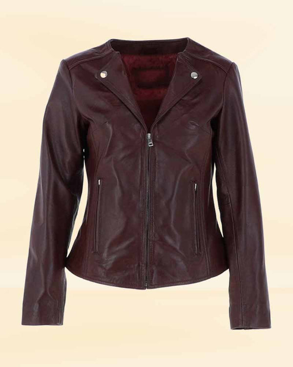 Expertly designed women's leather biker jacket in burgundy for the American market