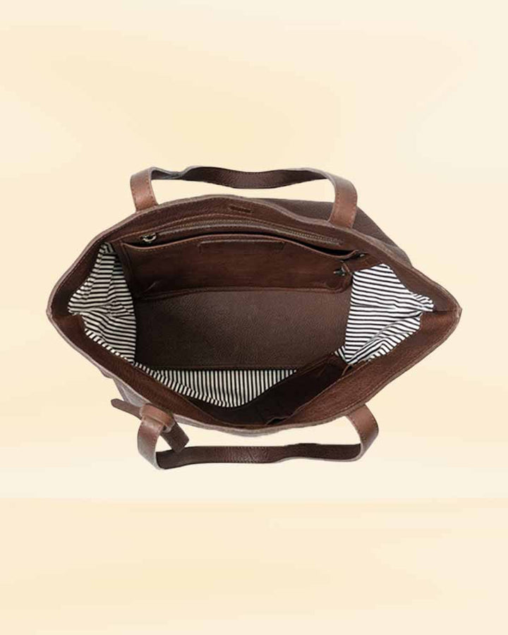A stylish and spacious leather tote bag, perfect for the American market