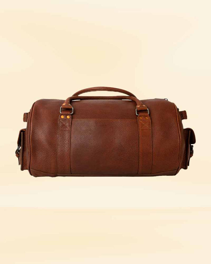 A spacious and stylish leather travel duffle bag, perfect for the American market