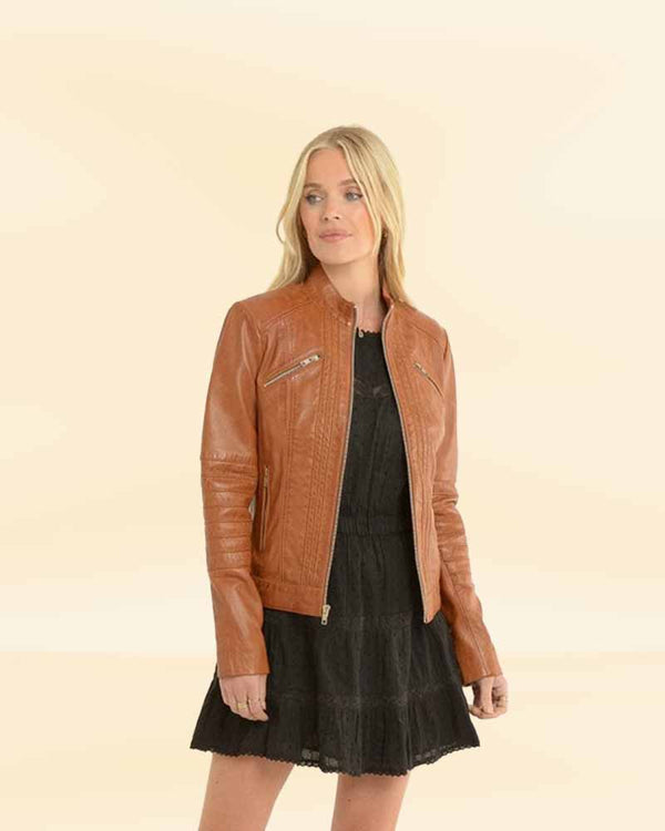 Stylish ladies leather biker jacket in tan for the adventurous woman