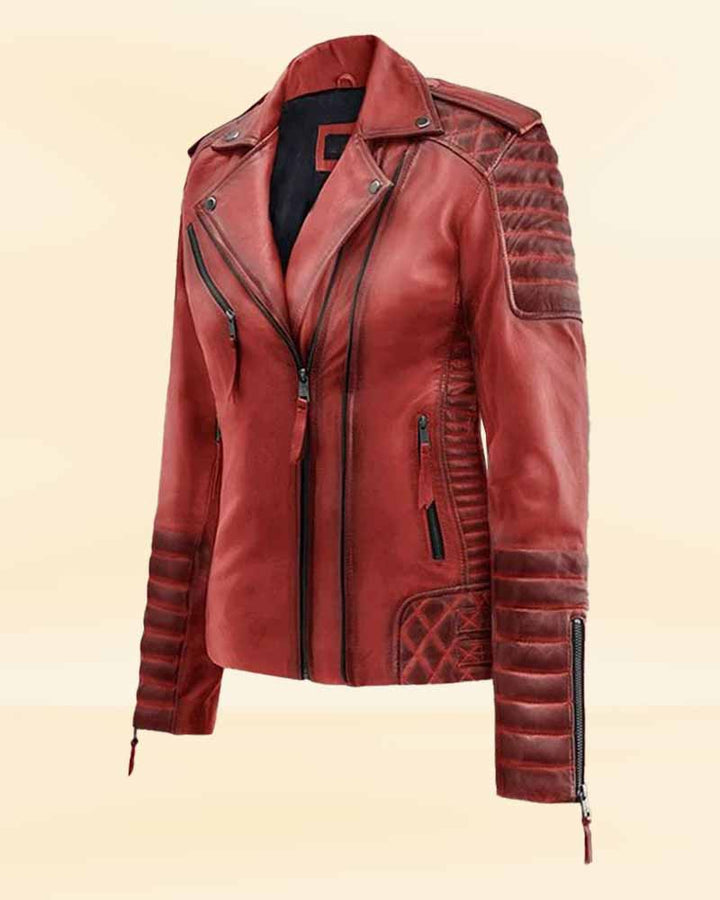Striking burnt red leather jacket for women in USA