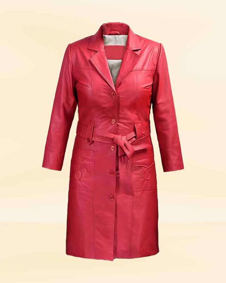 Women's Bold and Beautiful Raspberry Red Leather Maxi Coat