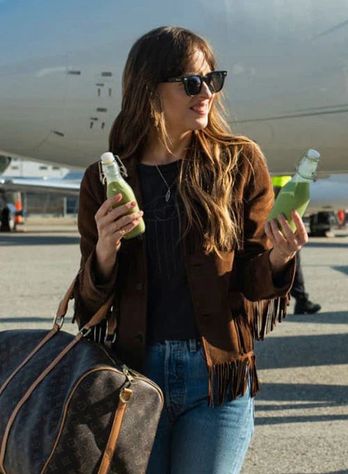 Chic Suede Leather Jacket Look on Dakota Johnson in High Note in France style