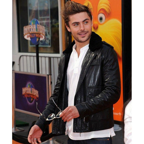 Buy Black Leather Faux Fur Collar Jacket Worn By Zac Efron | Zac Efron Black Leather Faux Fur Collar Jacket