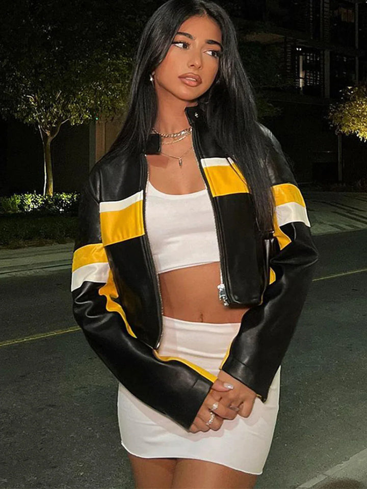 Fashionable Cropped Leather Jacket with Striking Yellow Accents in United state market