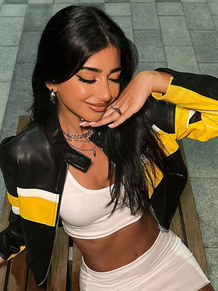 Chic and Edgy: Black Leather Jacket with Eye-Catching Yellow Trim in USA market