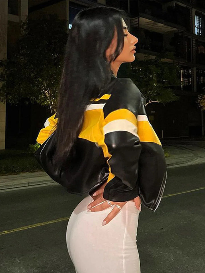 Modern Women's Leather Jacket - Yellow Stripe Accents in UK market