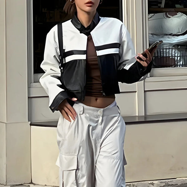 Black leather motorcycle jacket with cropped style in USA