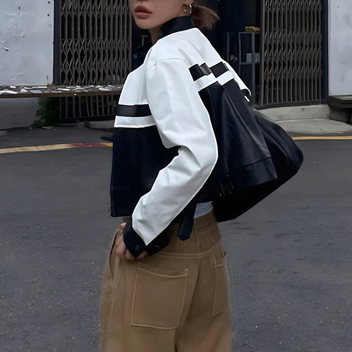 Edgy cropped leather jacket for racing enthusiasts in American style