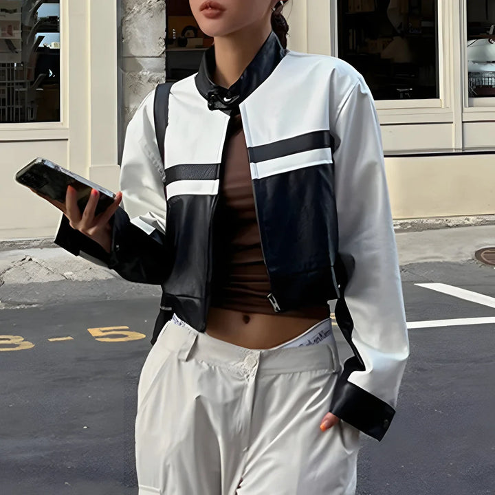 Detailed cropped leather jacket for riding gear in German market