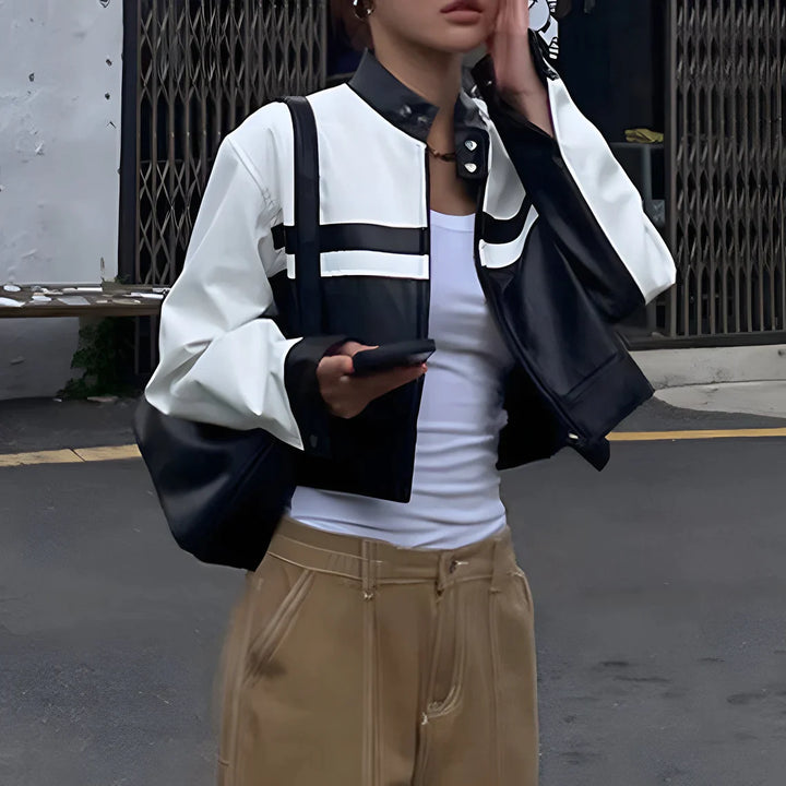 Cropped biker jacket in black leather in American style