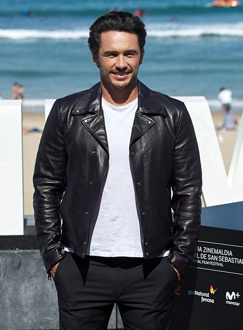 James Franco's stylish black leather jacket for men in USA market