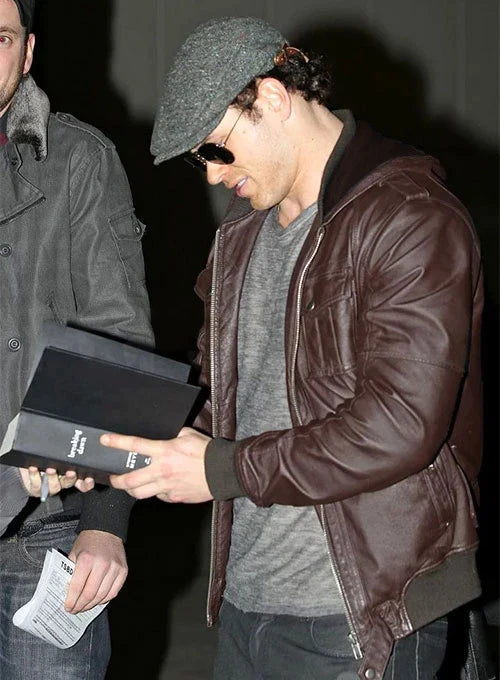 Kellan Lutz looking stylish in a real brown leather jacket in USA market