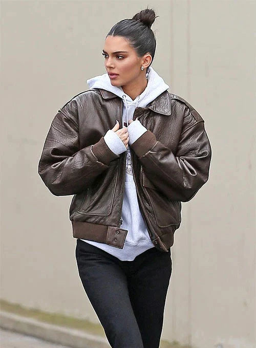 Buy Stylish Dark Brown Leather Jacket Worn By Kendall Jenner | Kendall Jenner Stylish Dark Brown Leather Jacket