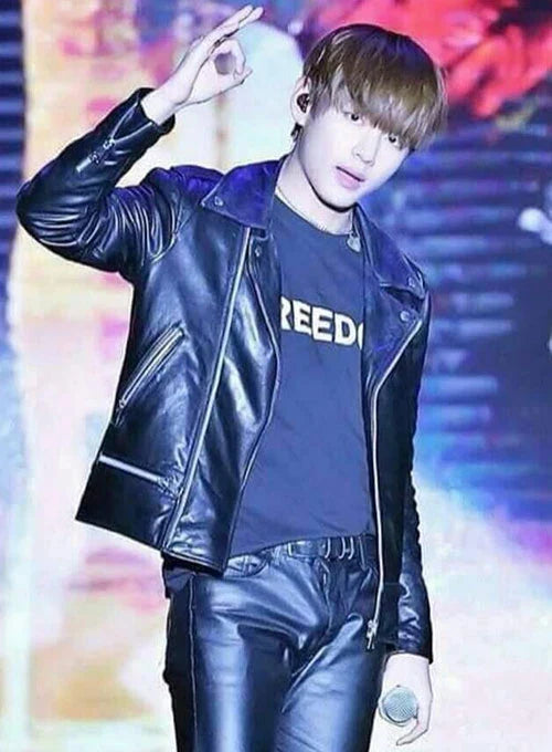 Stylish and sophisticated leather jacket worn by Kim Taehyung in American style