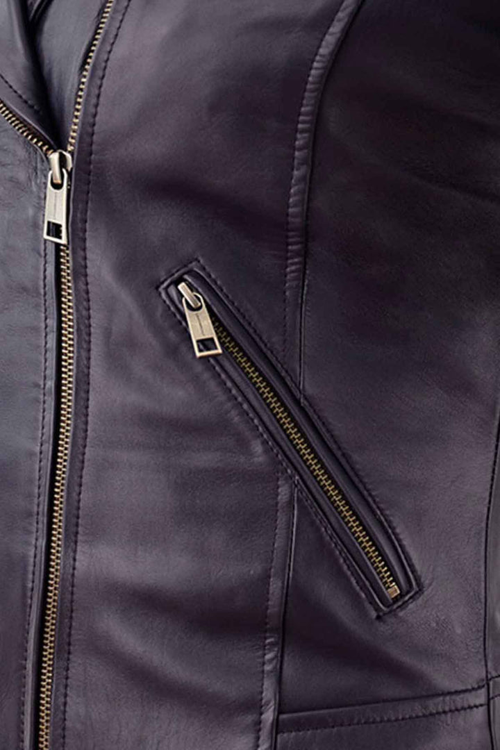Natalie Portman Vox Lux Leather Jacket in purple color