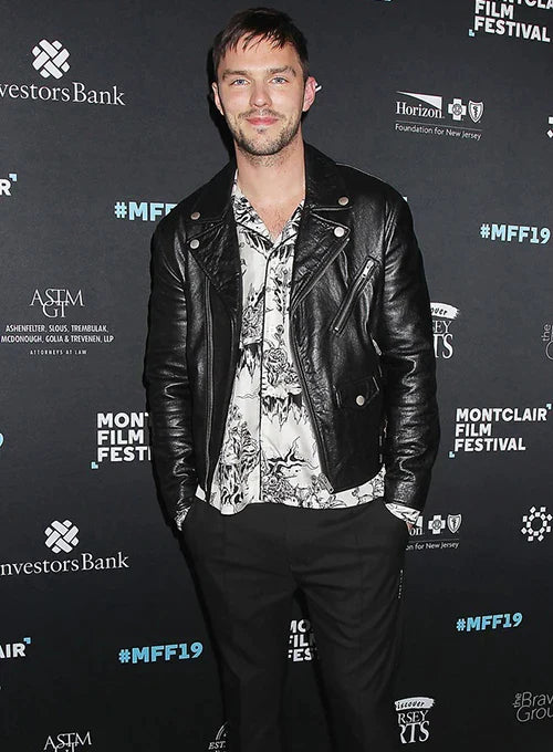 Nicholas Hoult's sleek black real leather jacket for men in USA market
