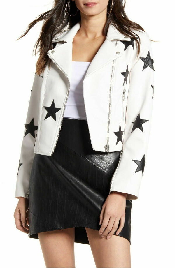 Chic White Leather Jacket with Black Star Accents in USA