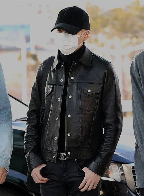 Buy Premium Black Real Leather Jacket Worn By Suga exudes | Suga exudes Premium Black Real Leather Jacket