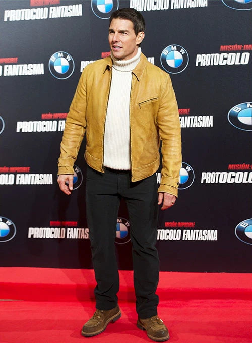 Tom Cruise sports a classic leather jacket at the Mission Impossible 4 red carpet event in United state market
