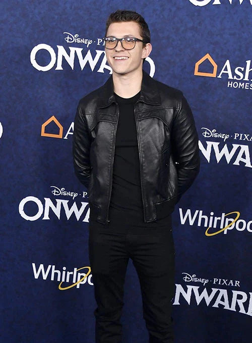 Buy Stylish Black Leather Jacket Worn By Tom Holland | Tom Holland Stylish Black Leather Jacket
