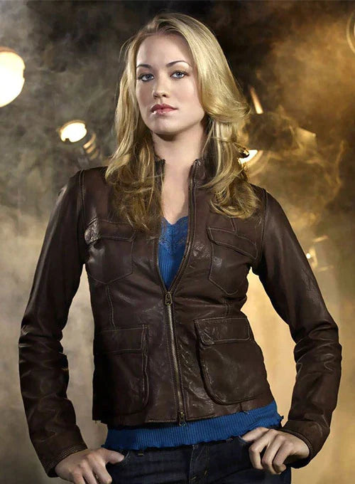 Yvonne Strahovski looks stunning in a black leather jacket in USA market